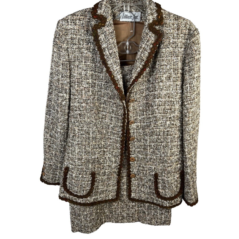 Vintage-Style Tweed Skirt Set in Ivory and Brown -
